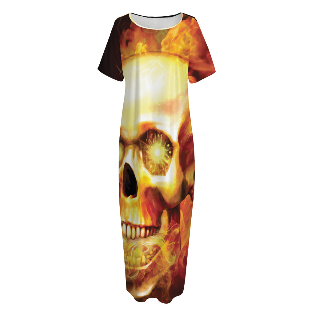 Burning Evil Skull Print Short Sleeve Long Nightdress