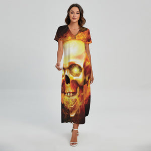 Burning Evil Skull Print Short Sleeve Maxi Dress