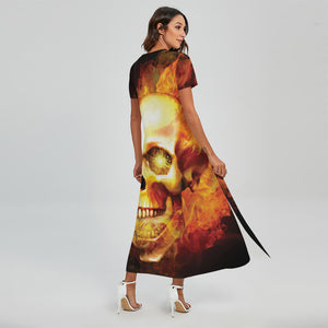 Burning Evil Skull Print Short Sleeve Maxi Dress