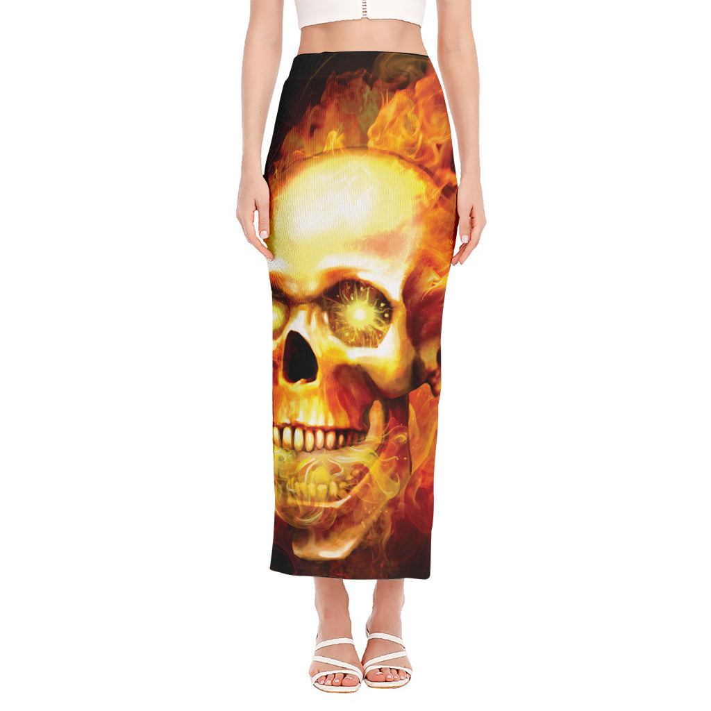 Burning Evil Skull Print Side Slit Maxi Skirt