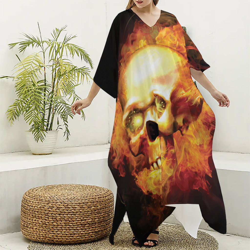 Burning Evil Skull Print Silk V-Neck Kaftan Dress