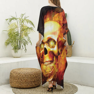 Burning Evil Skull Print Silk V-Neck Kaftan Dress