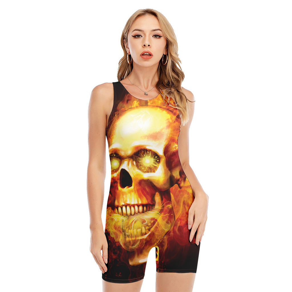 Burning Evil Skull Print Sleeveless One Piece Swimsuit