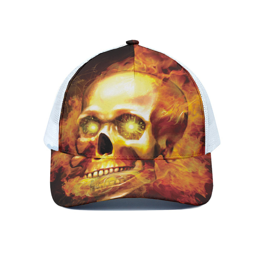 Burning Evil Skull Print White Mesh Trucker Cap