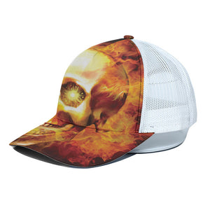 Burning Evil Skull Print White Mesh Trucker Cap