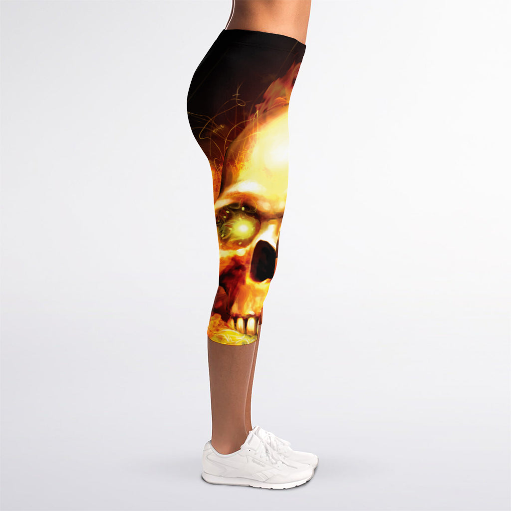 Burning Evil Skull Print Women's Capri Leggings