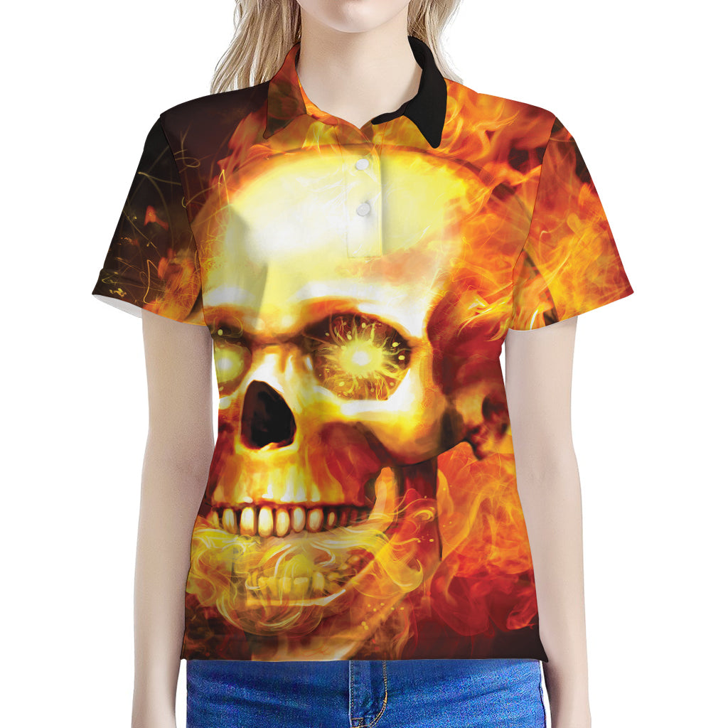 Burning Evil Skull Print Women's Polo Shirt