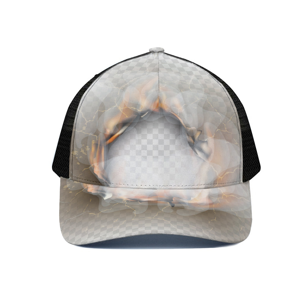 Burning Hole Print Black Mesh Trucker Cap