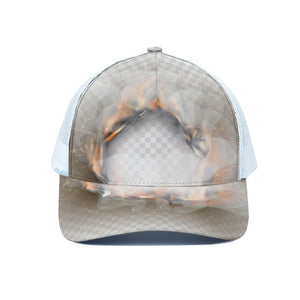 Burning Hole Print White Mesh Trucker Cap