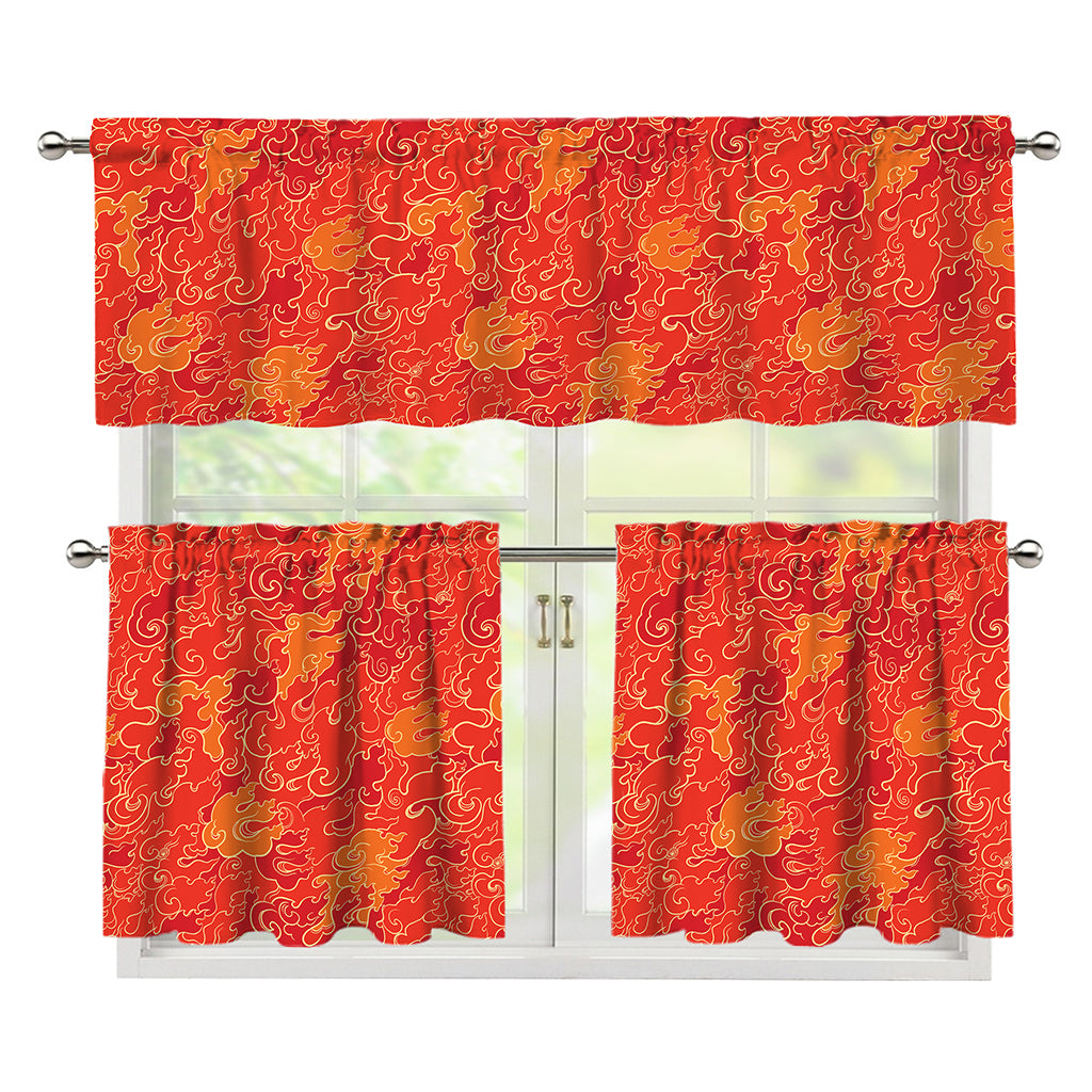 Burning Japanese Flame Pattern Print 3 Piece Kitchen Curtains