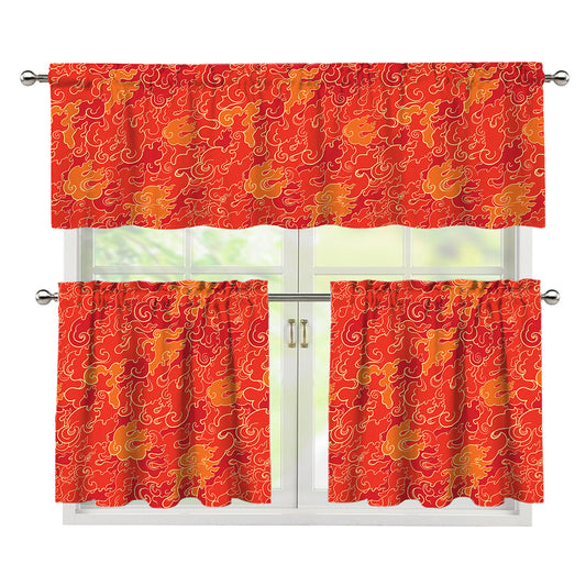 Burning Japanese Flame Pattern Print 3 Piece Kitchen Curtains
