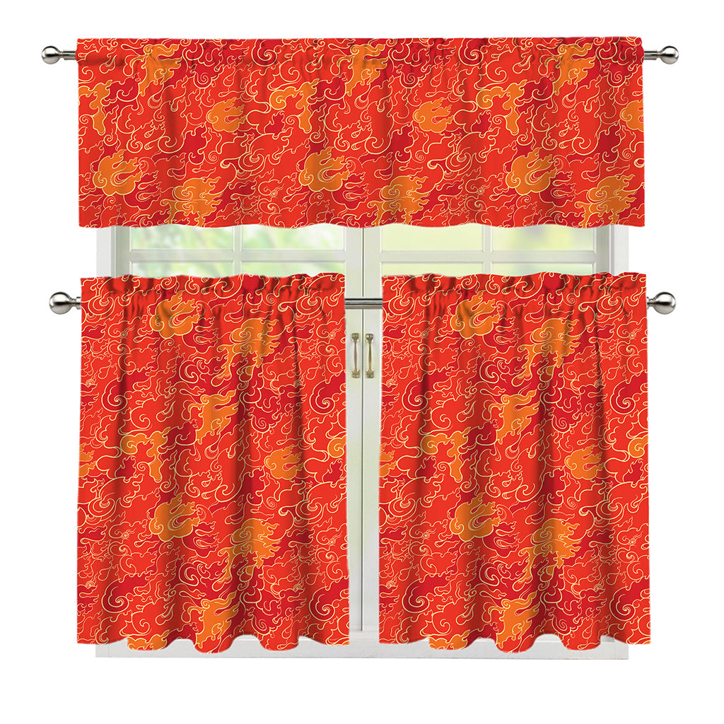 Burning Japanese Flame Pattern Print 3 Piece Kitchen Curtains