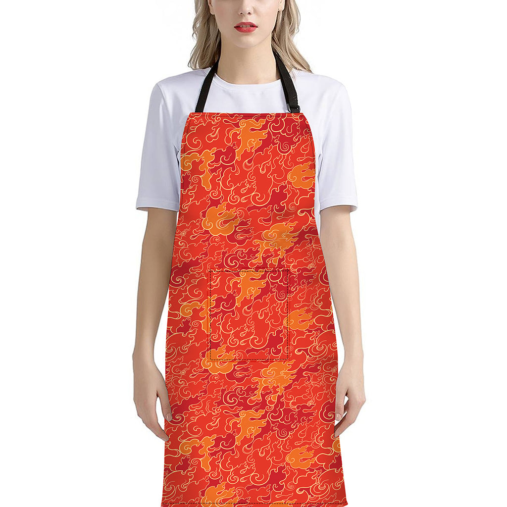 Burning Japanese Flame Pattern Print Bib Apron With Pocket