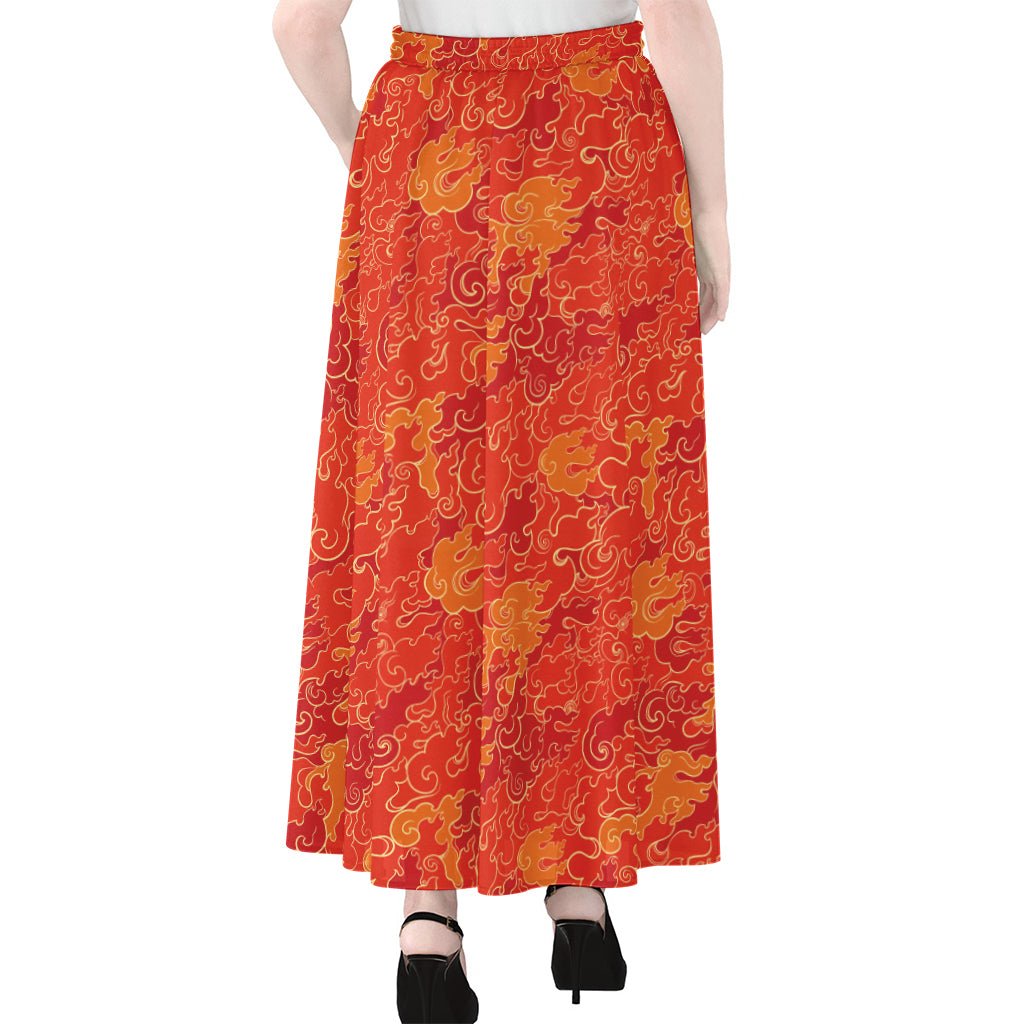 Burning Japanese Flame Pattern Print Chiffon Maxi Skirt