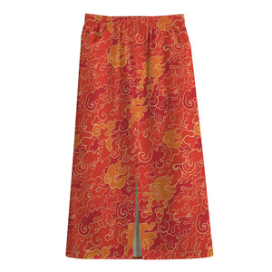 Burning Japanese Flame Pattern Print Cotton Front Slit Maxi Skirt