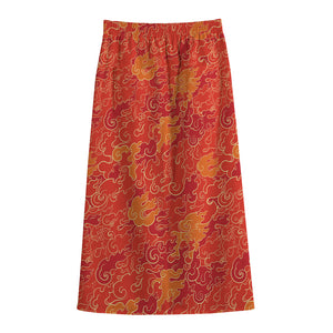 Burning Japanese Flame Pattern Print Cotton Front Slit Maxi Skirt