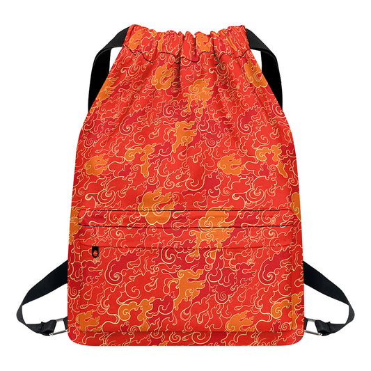 Burning Japanese Flame Pattern Print Drawstring Backpack