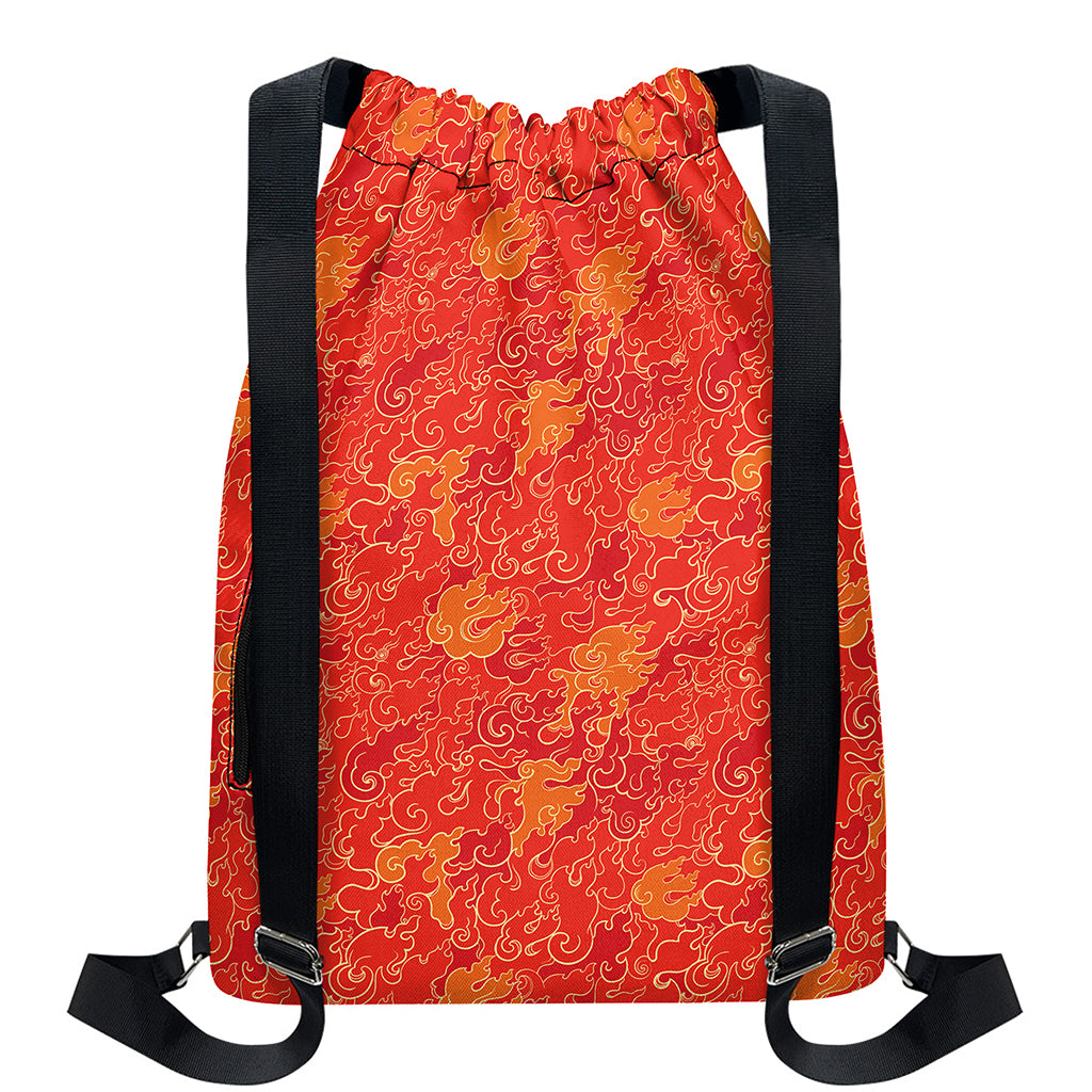 Burning Japanese Flame Pattern Print Drawstring Backpack