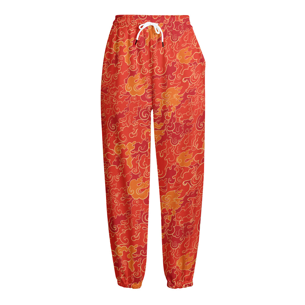 Burning Japanese Flame Pattern Print Fleece Lined Knit Pants