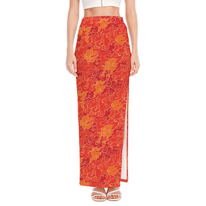 Burning Japanese Flame Pattern Print High Slit Maxi Skirt