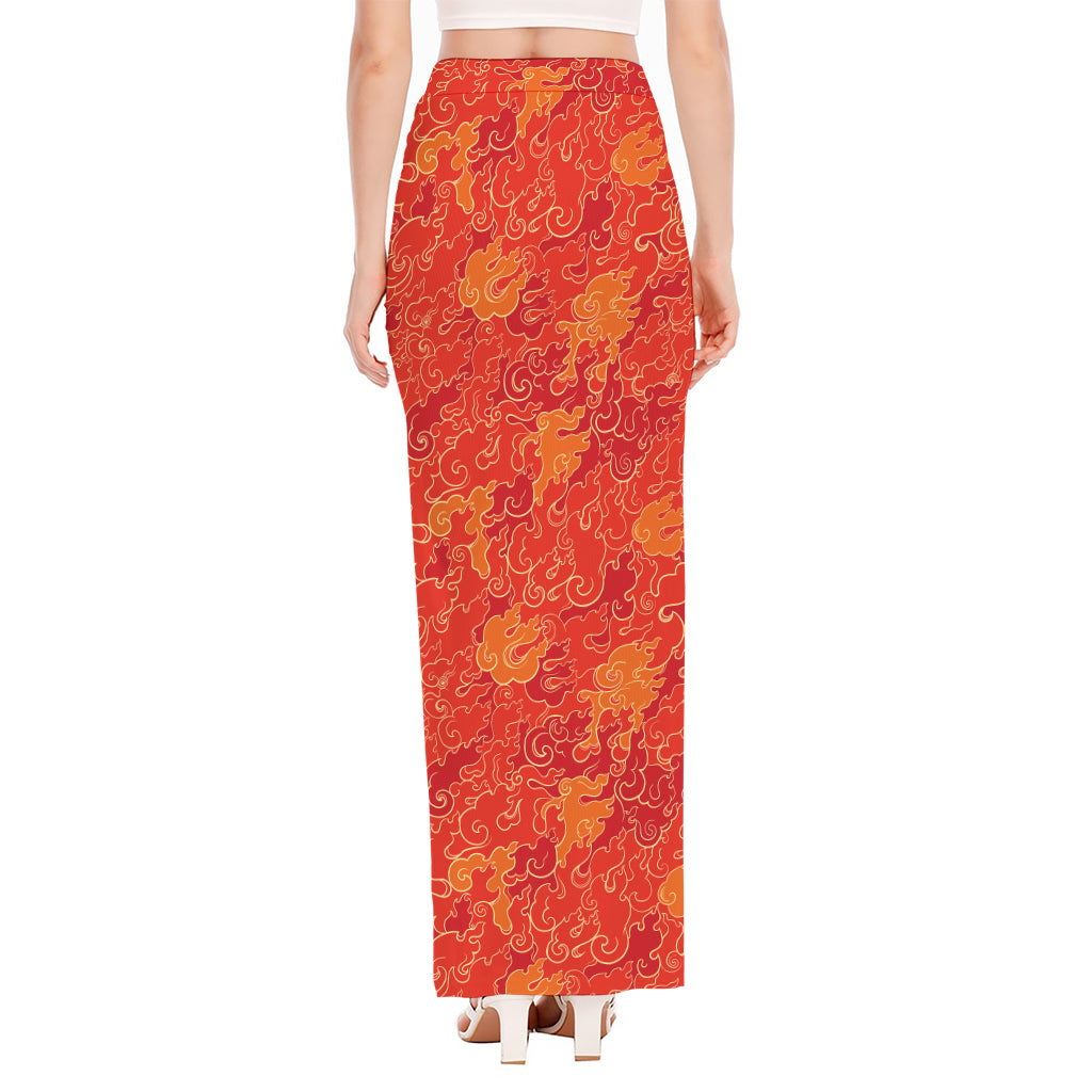 Burning Japanese Flame Pattern Print High Slit Maxi Skirt