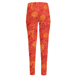 Burning Japanese Flame Pattern Print High-Waisted Pocket Leggings