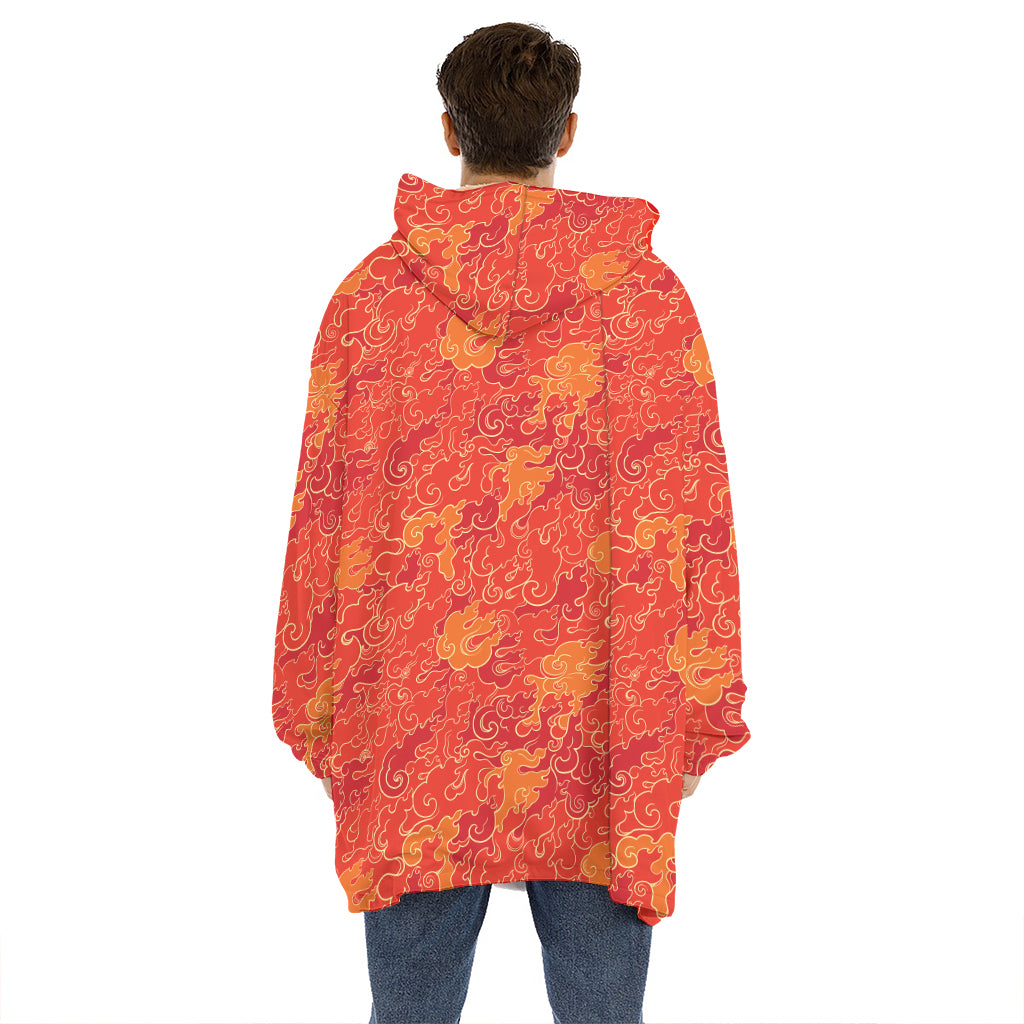 Burning Japanese Flame Pattern Print Hoodie Blanket