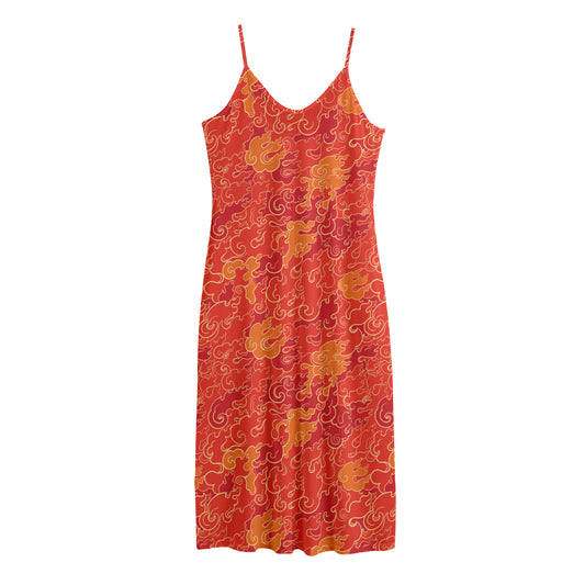 Burning Japanese Flame Pattern Print Jersey Midi Cami Dress