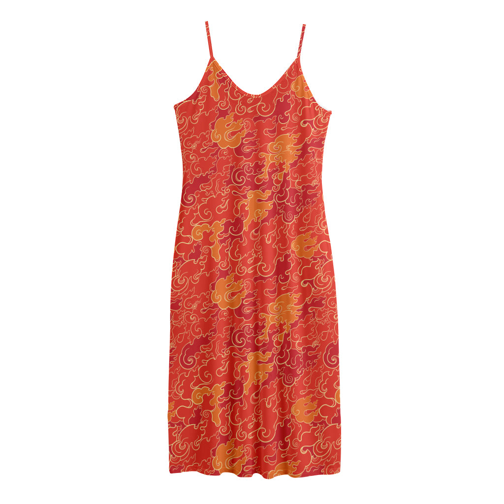 Burning Japanese Flame Pattern Print Jersey Midi Cami Dress