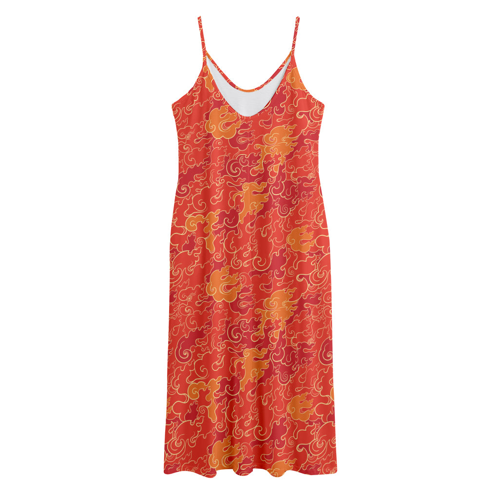 Burning Japanese Flame Pattern Print Jersey Midi Cami Dress