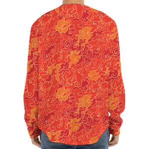 Burning Japanese Flame Pattern Print Long Sleeve Baseball Jersey