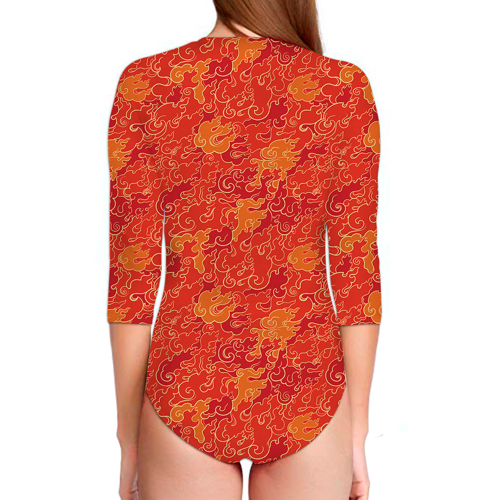 Burning Japanese Flame Pattern Print Long Sleeve Swimsuit