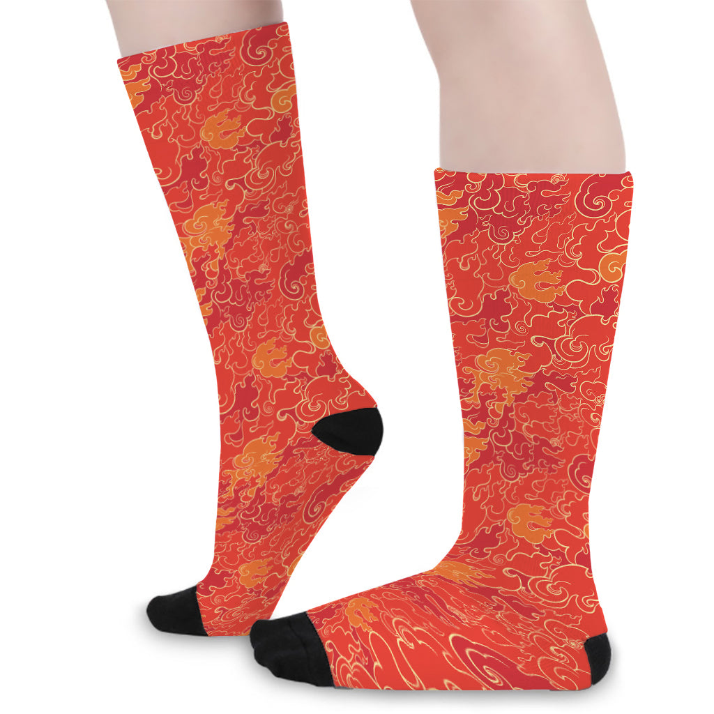 Burning Japanese Flame Pattern Print Long Socks