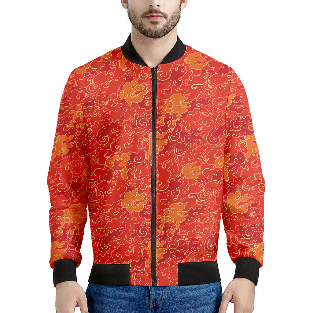 Burning Japanese Flame Pattern Print Men's Bomber Jacket