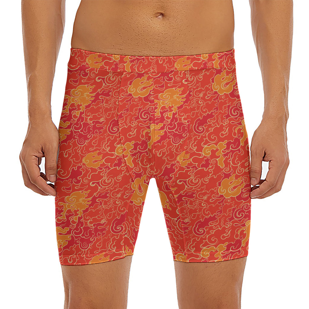 Burning Japanese Flame Pattern Print Men's Long Boxer Briefs