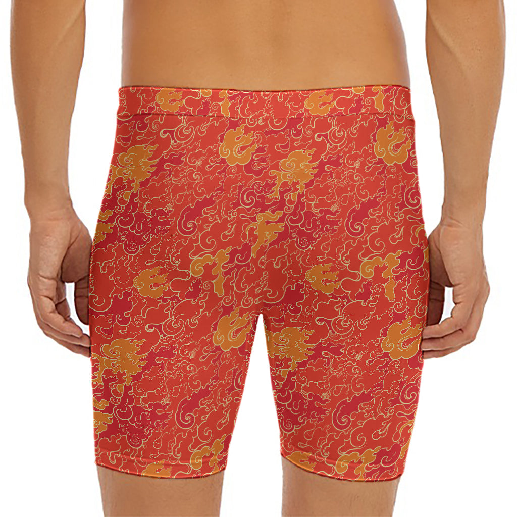 Burning Japanese Flame Pattern Print Men's Long Boxer Briefs