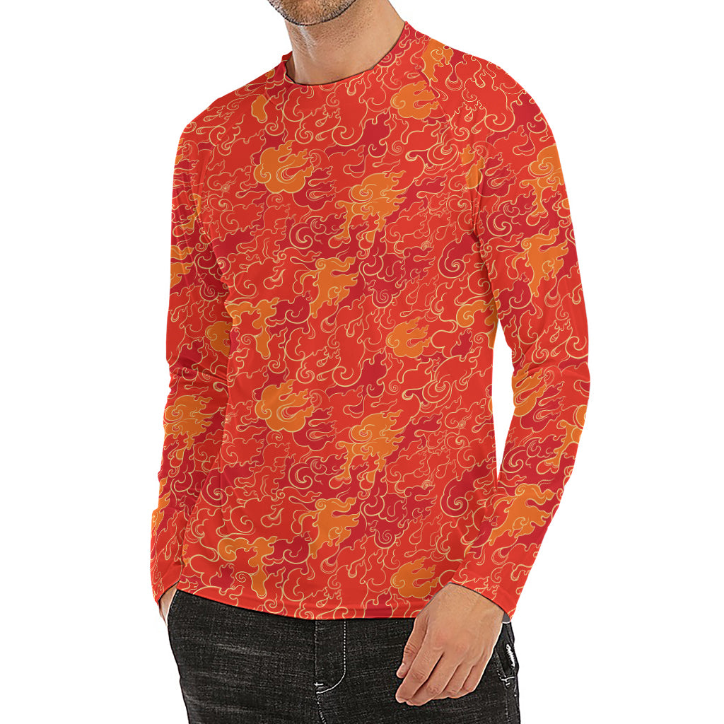 Burning Japanese Flame Pattern Print Men's Long Sleeve Rash Guard