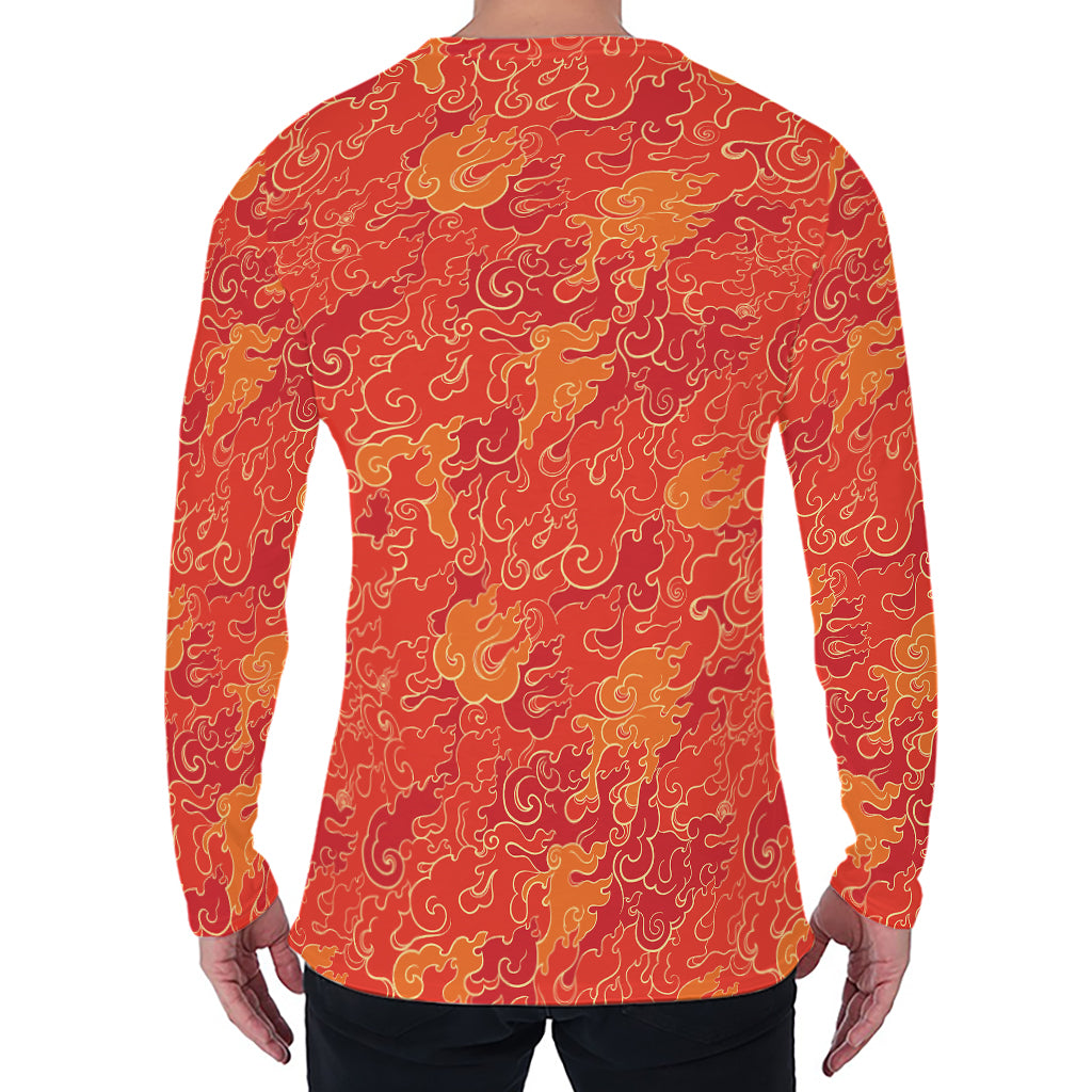 Burning Japanese Flame Pattern Print Men's Long Sleeve T-Shirt