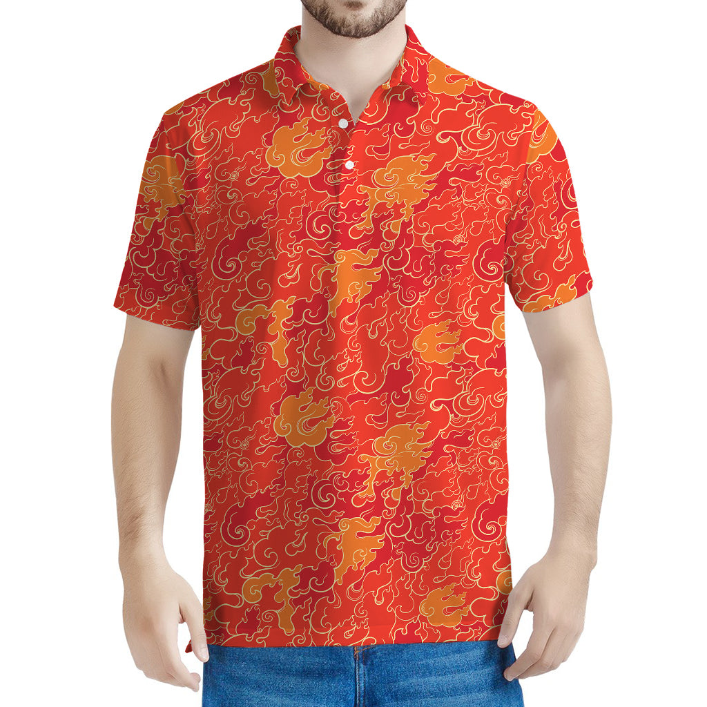 Burning Japanese Flame Pattern Print Men's Polo Shirt