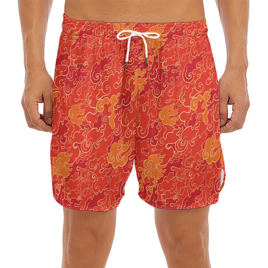 Burning Japanese Flame Pattern Print Men's Split Running Shorts