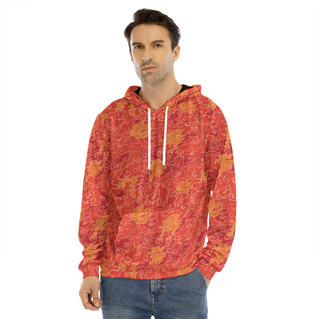 Burning Japanese Flame Pattern Print Men's Velvet Pullover Hoodie