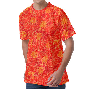 Burning Japanese Flame Pattern Print Men's Velvet T-Shirt