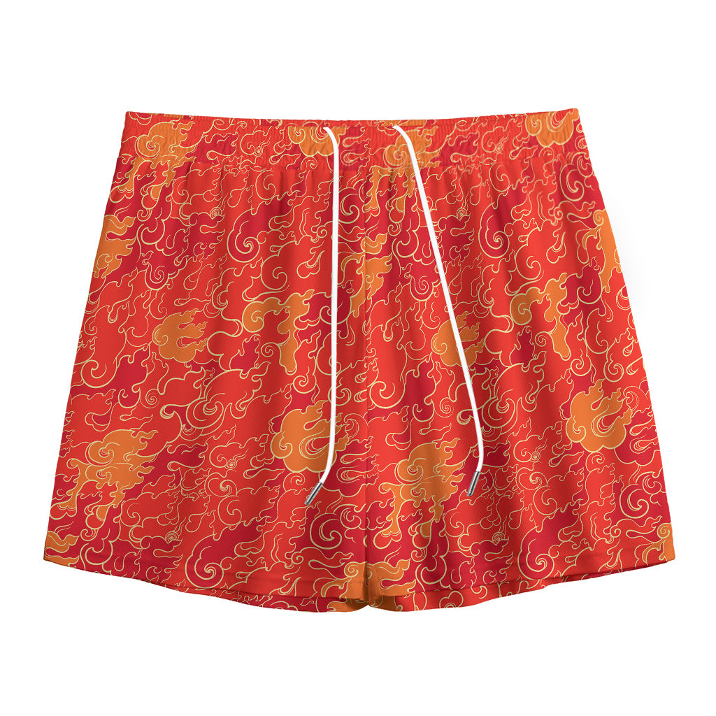 Burning Japanese Flame Pattern Print Mesh Shorts