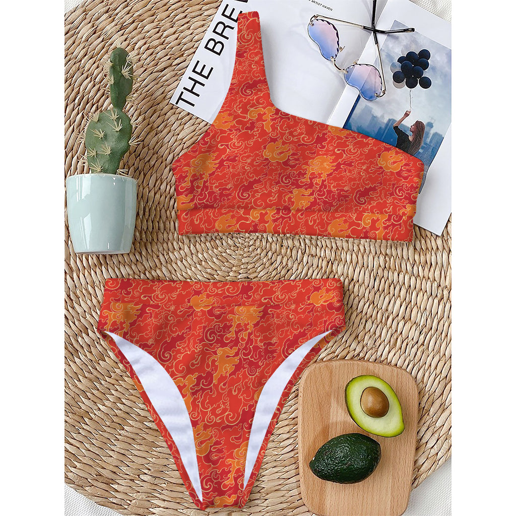 Burning Japanese Flame Pattern Print One Shoulder Bikini Top