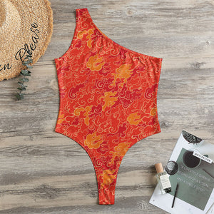 Burning Japanese Flame Pattern Print One Shoulder Bodysuit