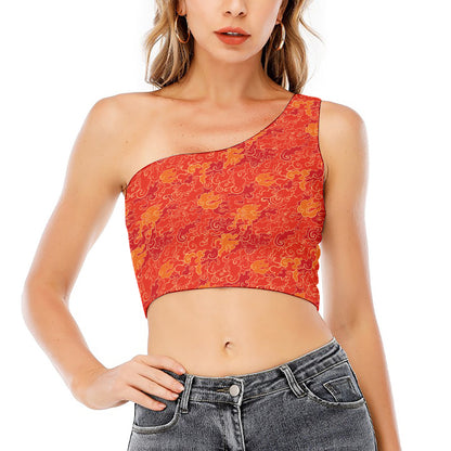 Burning Japanese Flame Pattern Print One Shoulder Crop Top