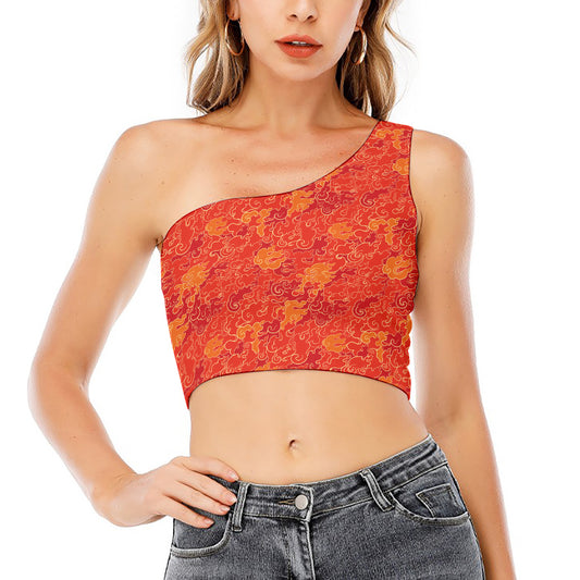 Burning Japanese Flame Pattern Print One Shoulder Crop Top