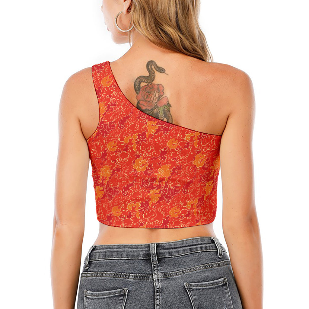 Burning Japanese Flame Pattern Print One Shoulder Crop Top