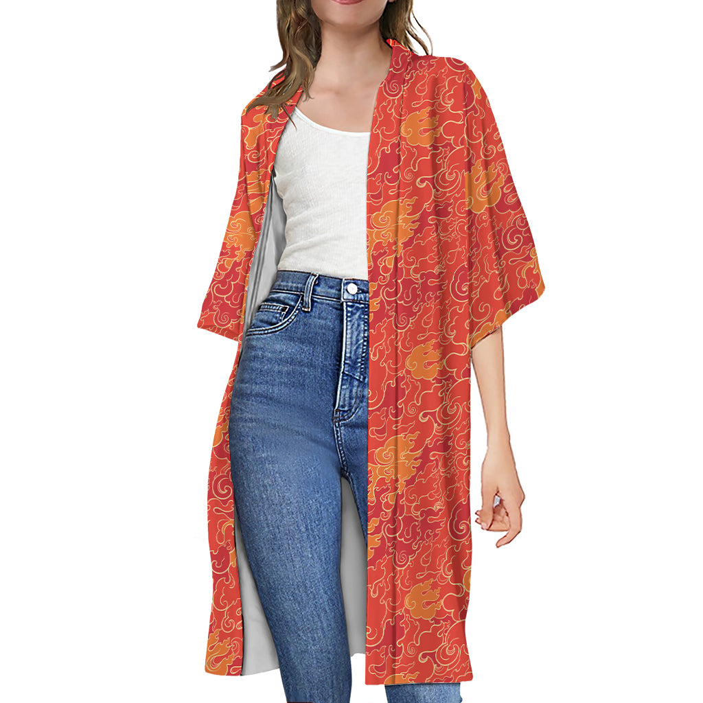 Burning Japanese Flame Pattern Print Open Front Beach Cover Up