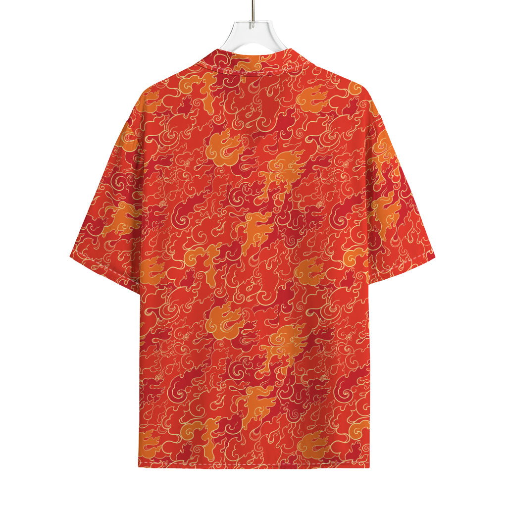 Burning Japanese Flame Pattern Print Rayon Hawaiian Shirt